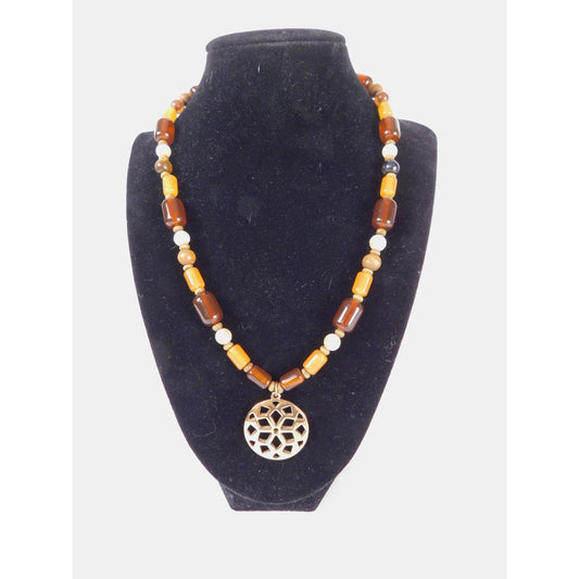 Vintage Beaded Pendant Necklace Boho Geometric Gold Tone Adjustable Statement Je