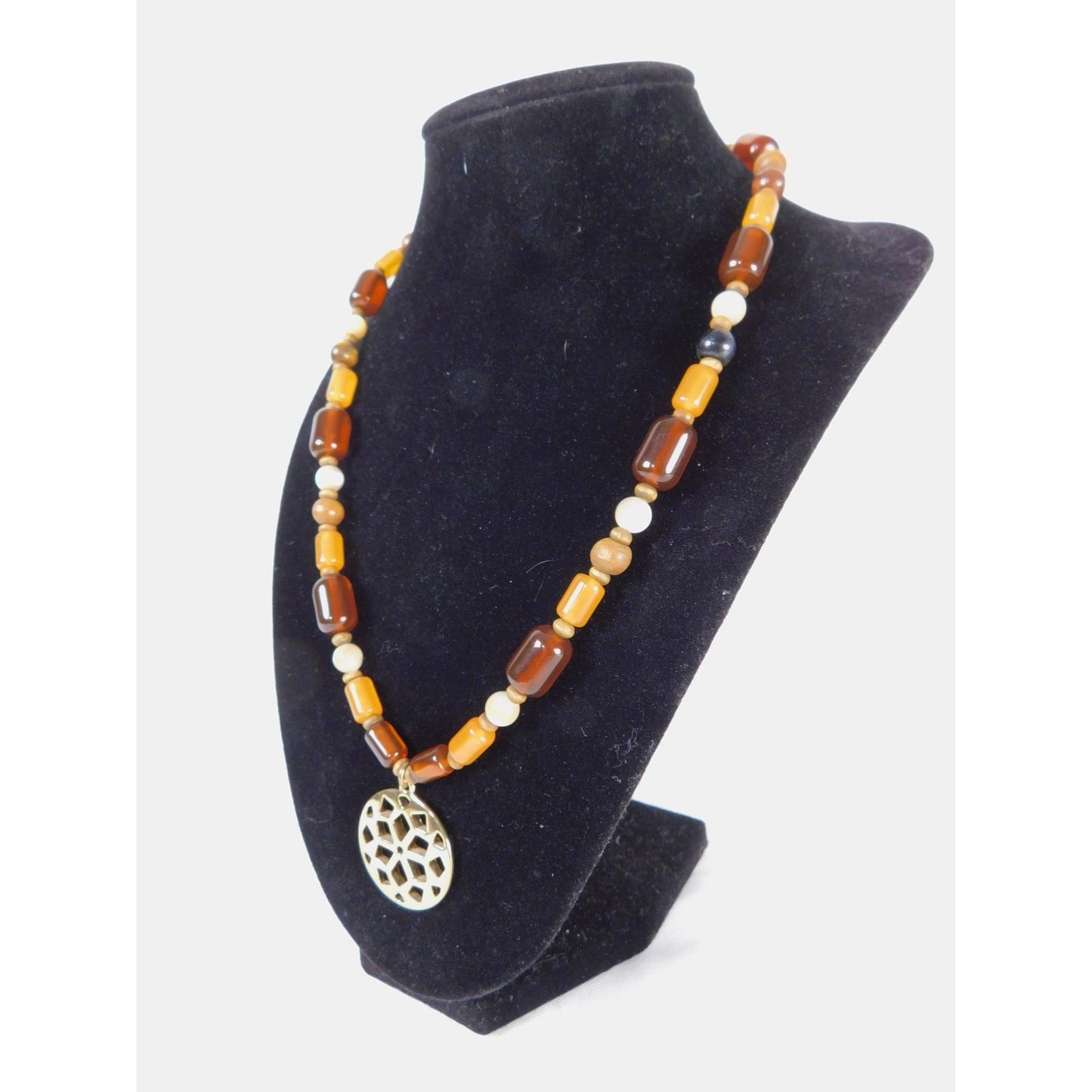 Vintage Beaded Pendant Necklace Boho Geometric Gold Tone Adjustable Statement Je