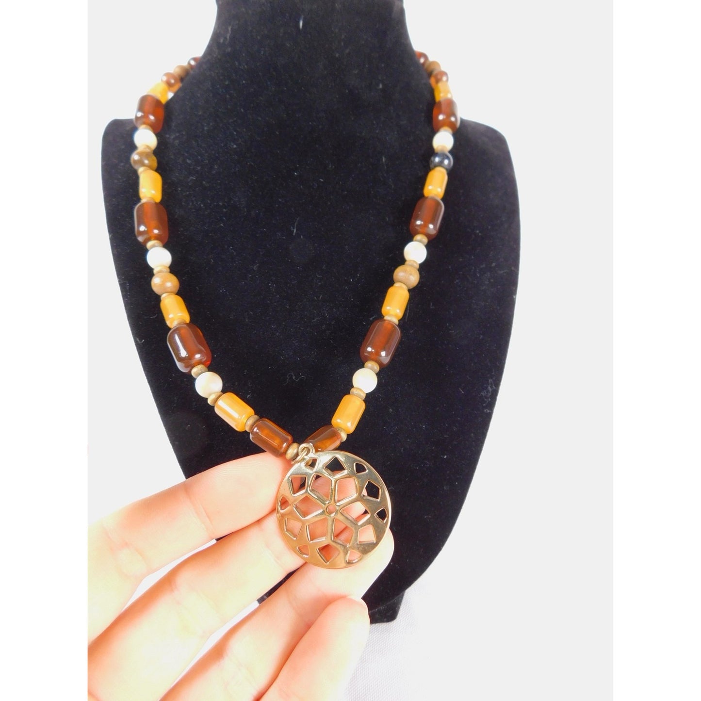 Vintage Beaded Pendant Necklace Boho Geometric Gold Tone Adjustable Statement Je