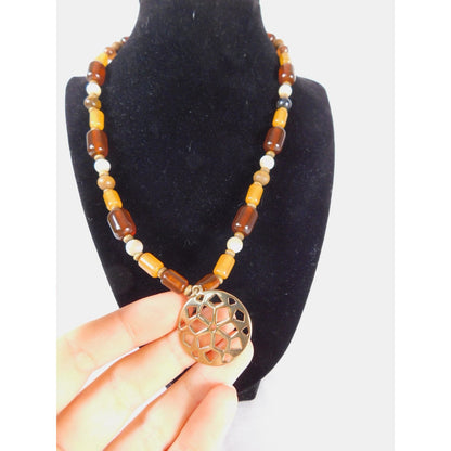 Vintage Beaded Pendant Necklace Boho Geometric Gold Tone Adjustable Statement Je