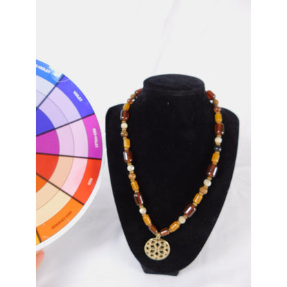 Vintage Beaded Pendant Necklace Boho Geometric Gold Tone Adjustable Statement Je