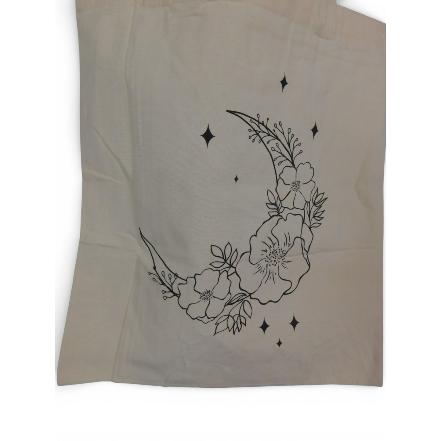 Tote Bag Womens Medium Beige Canvas Crescent Moon Floral Stars Print Shopping