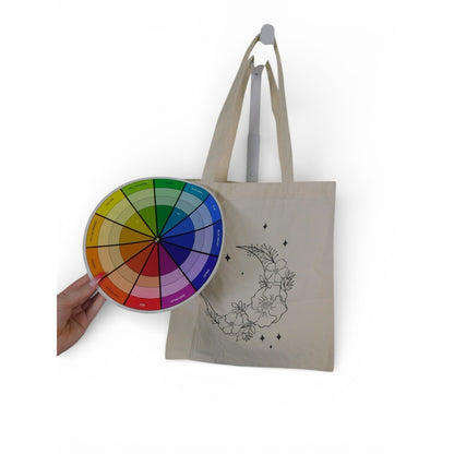 Tote Bag Womens Medium Beige Canvas Crescent Moon Floral Stars Print Shopping