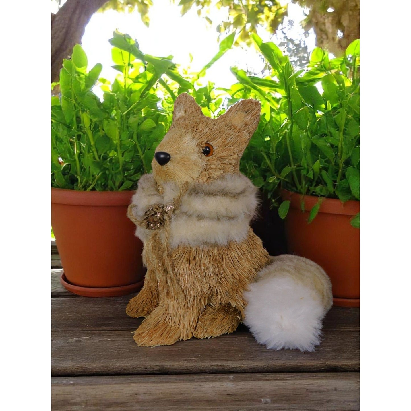Straw & Faux Fur Fox Figurine With Glitter Pinecone Accent 9" Rustic Woodland