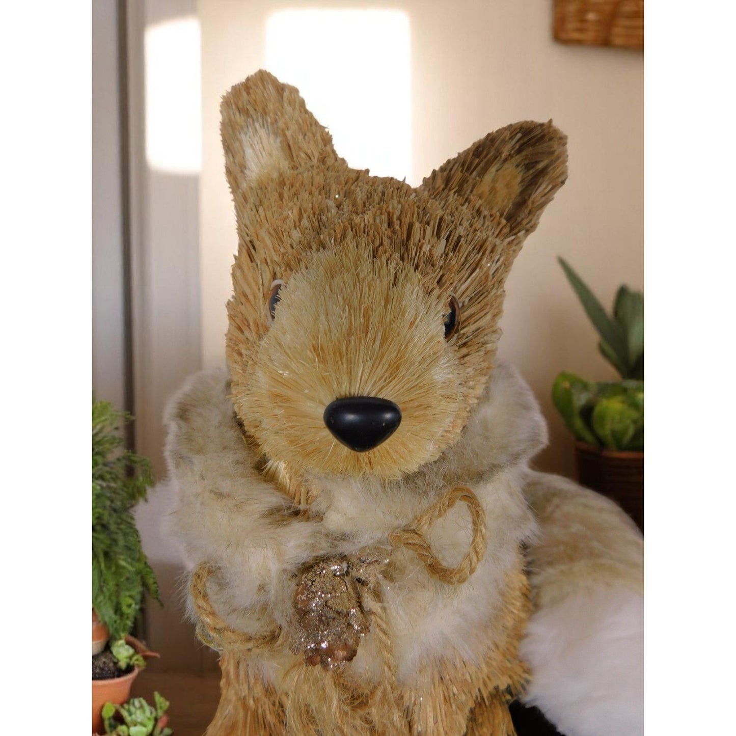 Straw & Faux Fur Fox Figurine With Glitter Pinecone Accent 9" Rustic Woodland