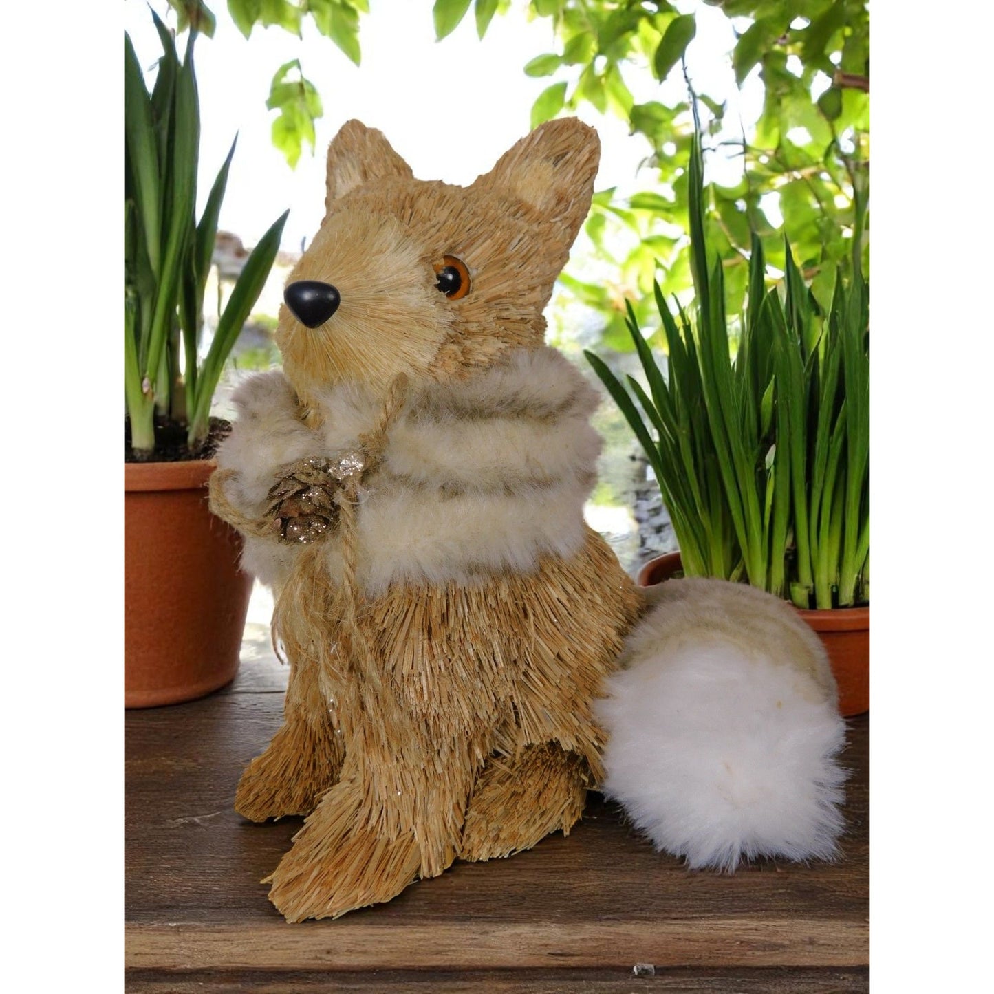 Straw & Faux Fur Fox Figurine With Glitter Pinecone Accent 9" Rustic Woodland