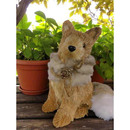 Straw & Faux Fur Fox Figurine With Glitter Pinecone Accent 9" Rustic Woodland