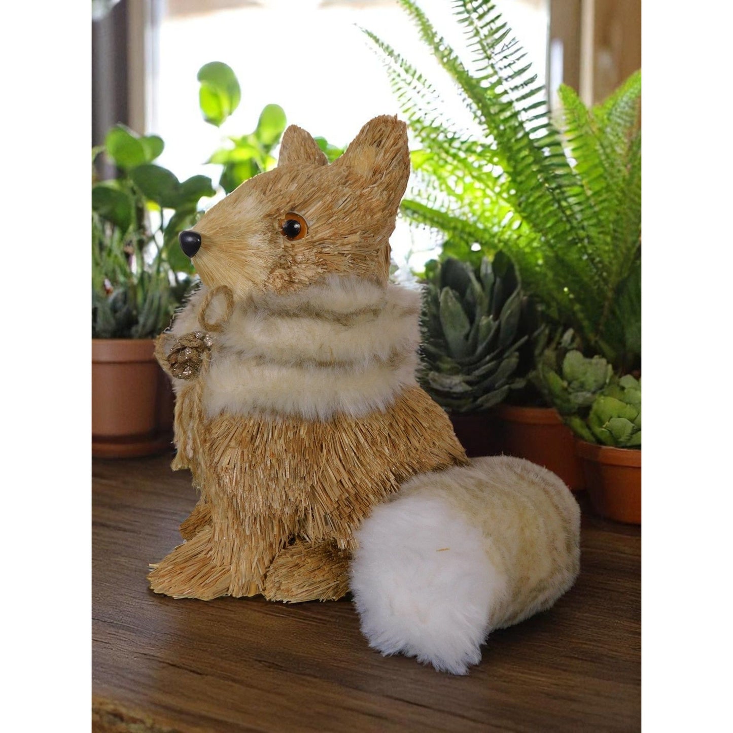 Straw & Faux Fur Fox Figurine With Glitter Pinecone Accent 9" Rustic Woodland