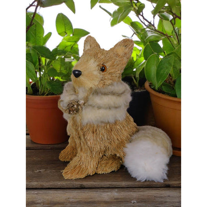 Straw & Faux Fur Fox Figurine With Glitter Pinecone Accent 9" Rustic Woodland