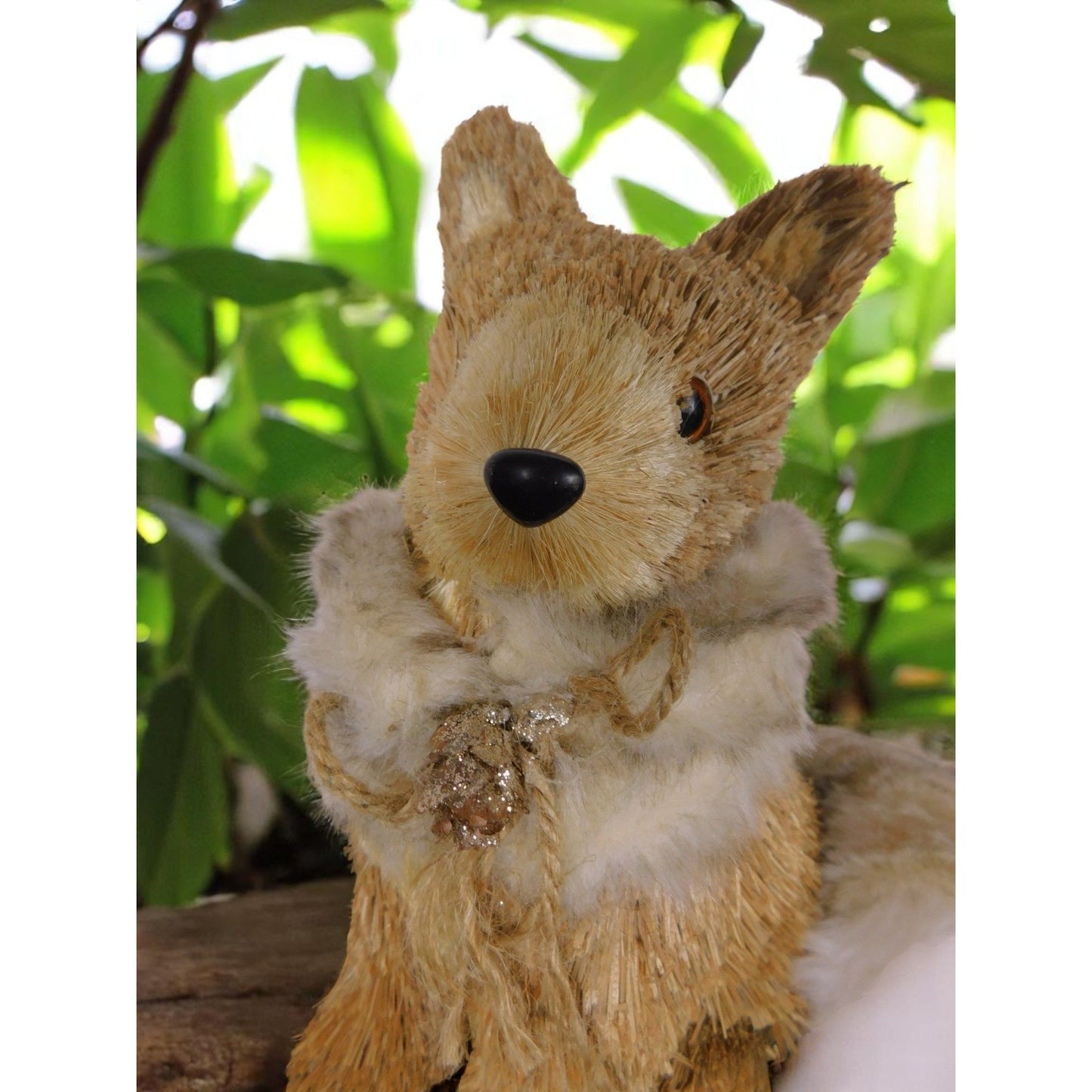Straw & Faux Fur Fox Figurine With Glitter Pinecone Accent 9" Rustic Woodland