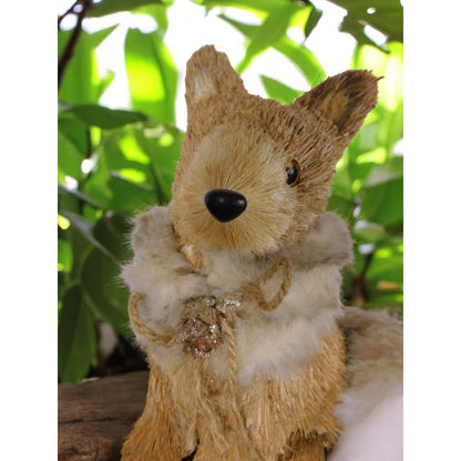 Straw & Faux Fur Fox Figurine With Glitter Pinecone Accent 9" Rustic Woodland