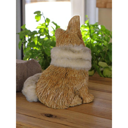 Straw & Faux Fur Fox Figurine With Glitter Pinecone Accent 9" Rustic Woodland
