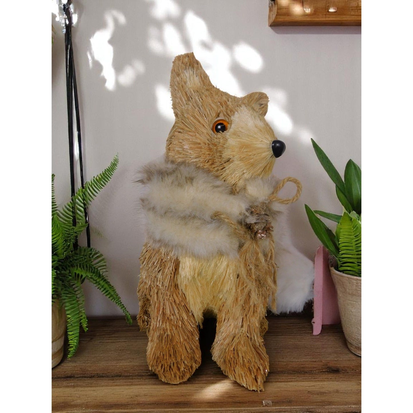 Straw & Faux Fur Fox Figurine With Glitter Pinecone Accent 9" Rustic Woodland