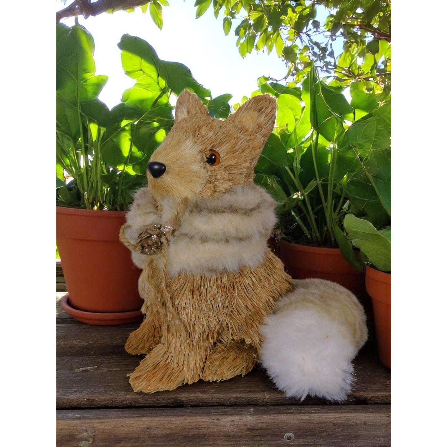 Straw & Faux Fur Fox Figurine With Glitter Pinecone Accent 9" Rustic Woodland