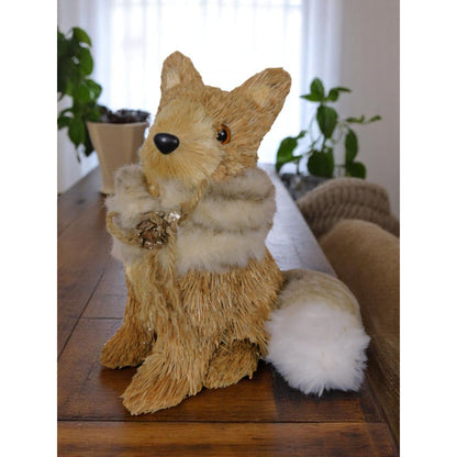 Straw & Faux Fur Fox Figurine With Glitter Pinecone Accent 9" Rustic Woodland
