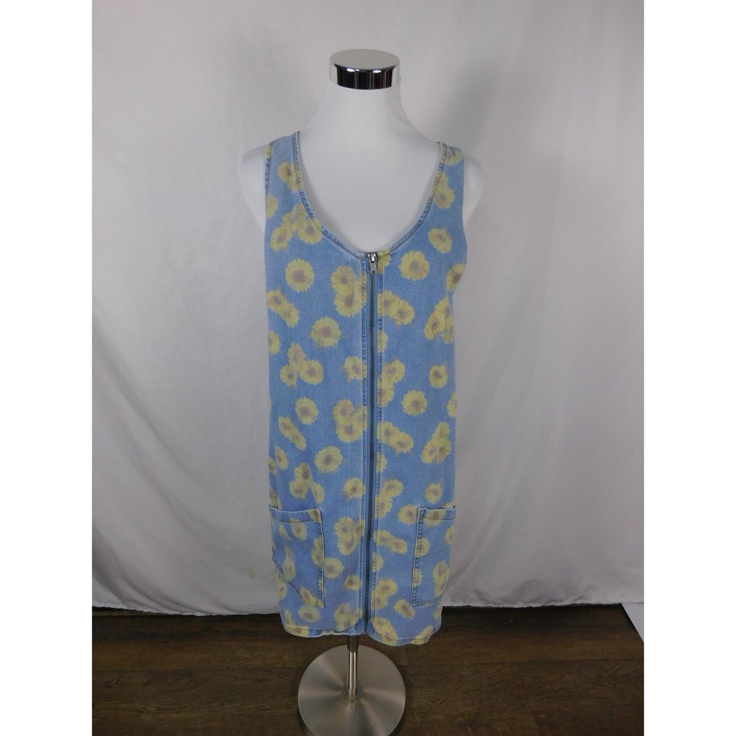 SO Denim Sunflower Jumper Dress L - Blue Yellow Zip Front - Excellent