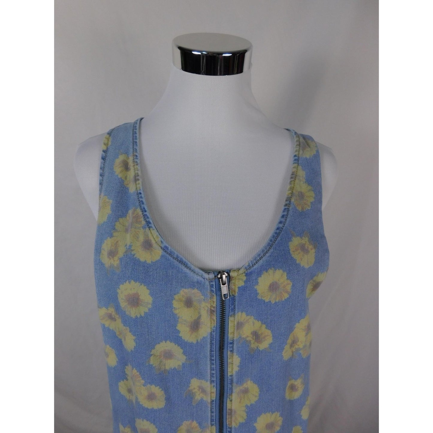 SO Denim Sunflower Jumper Dress L - Blue Yellow Zip Front - Excellent