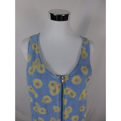 SO Denim Sunflower Jumper Dress L - Blue Yellow Zip Front - Excellent