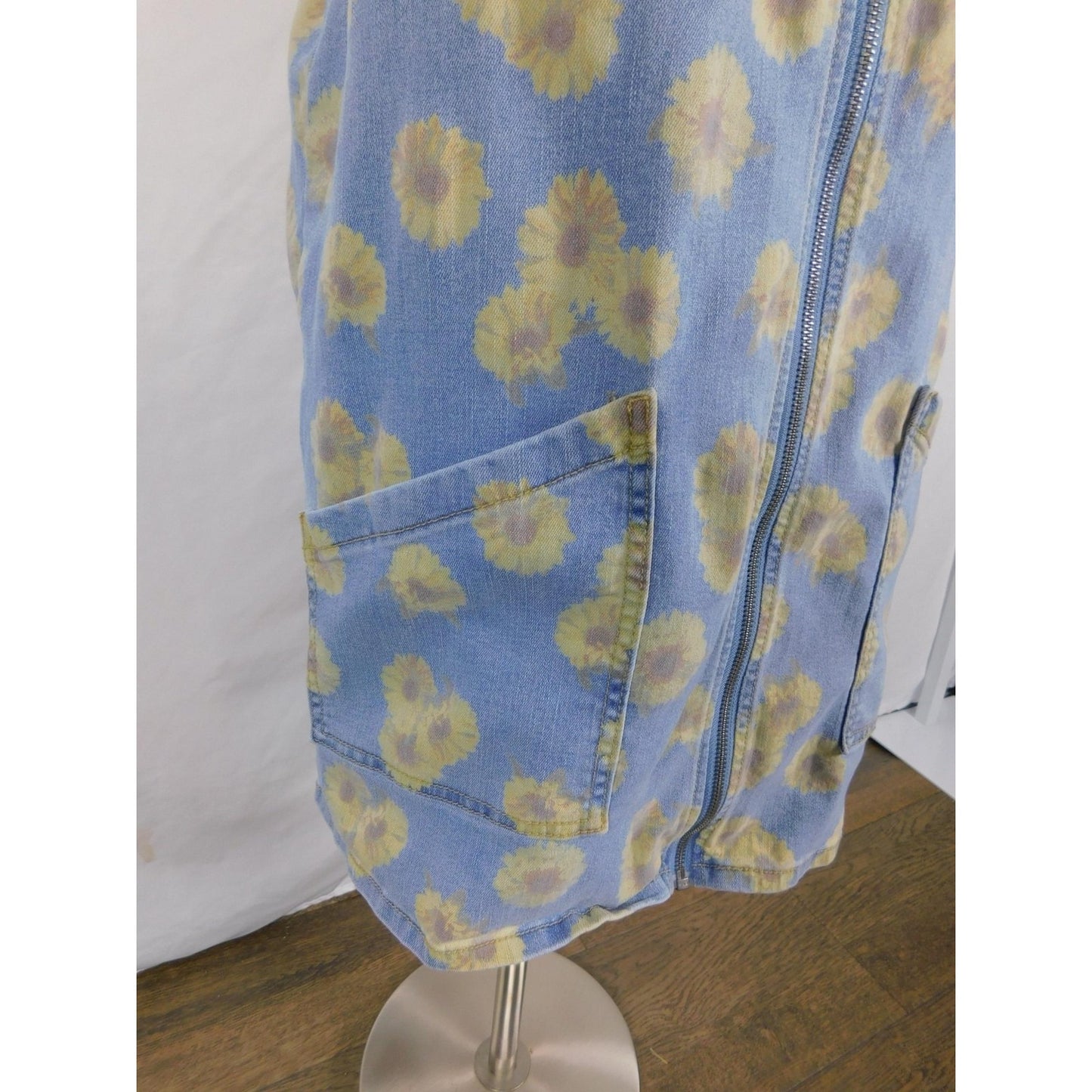 SO Denim Sunflower Jumper Dress L - Blue Yellow Zip Front - Excellent