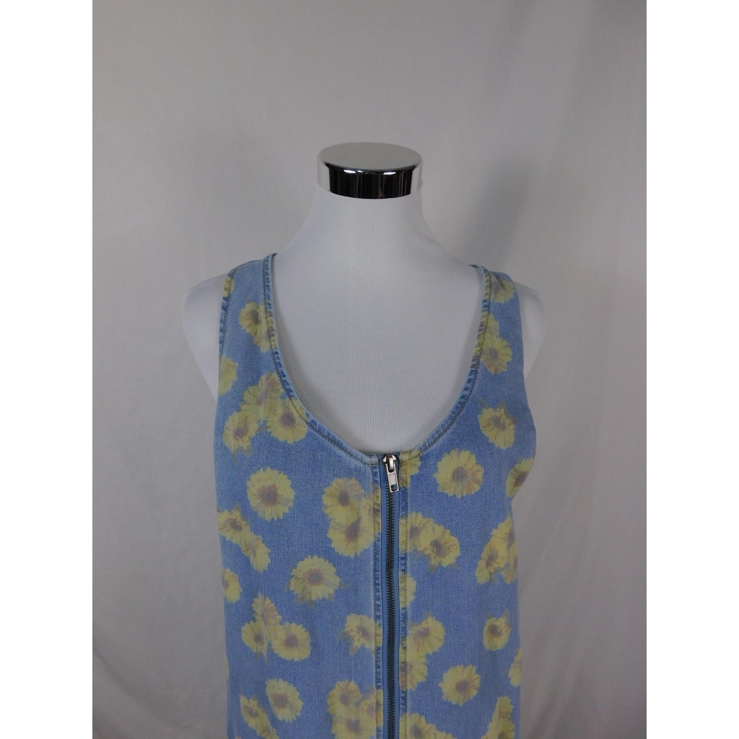 SO Denim Sunflower Jumper Dress L - Blue Yellow Zip Front - Excellent