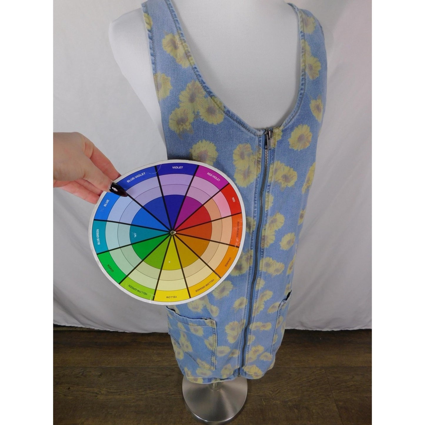 SO Denim Sunflower Jumper Dress L - Blue Yellow Zip Front - Excellent