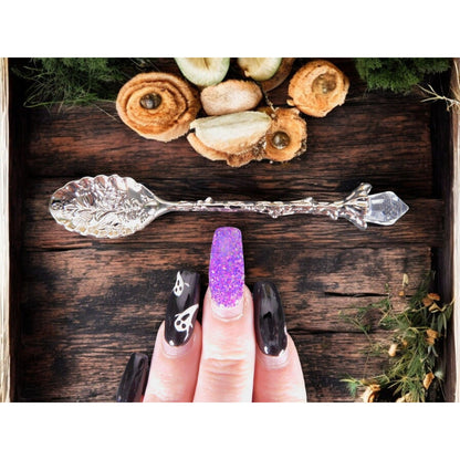 Carved Leaf Spoon with Crystal Accent, Apothecary Witchcraft Decor, 4.33"