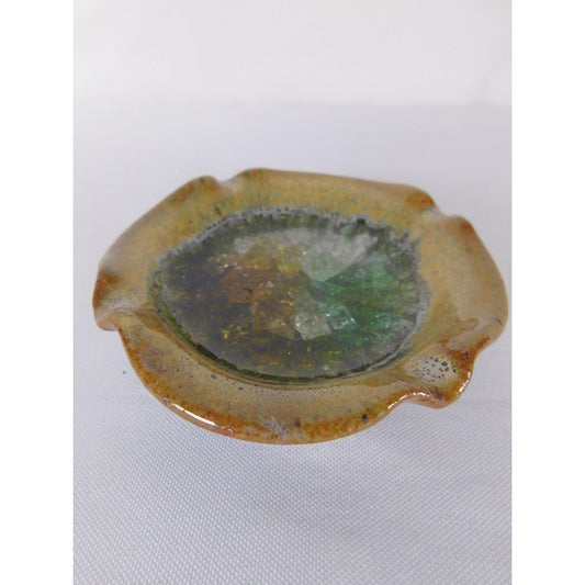 Vintage Crushed Glass Ceramic Ashtray Brown Green Multicolor Pottery Retro Decor