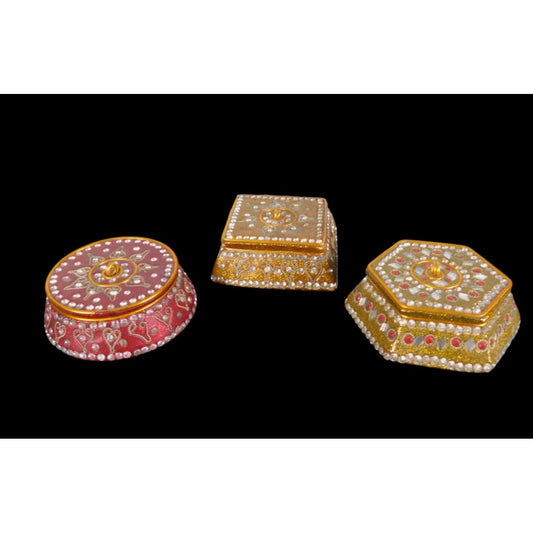 Jeweled Metal Trinket Box Set of 3 – Boho Indian Gilded Decor