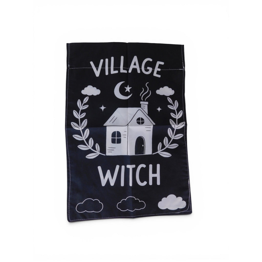 Village Witch Garden Flag 18x12 Black White House Clouds Halloween Yard Decor