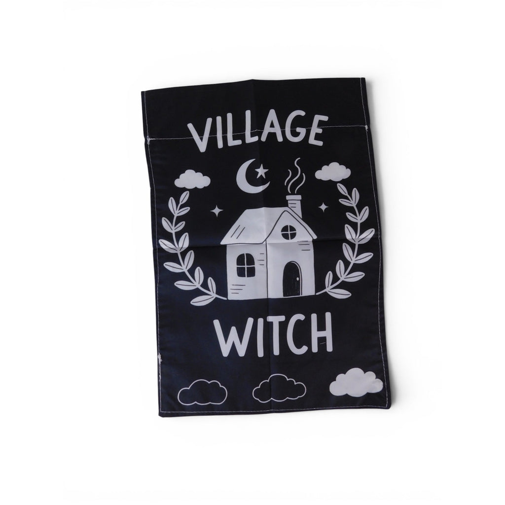 Village Witch Garden Flag 18x12 Black White House Clouds Halloween Yard Decor