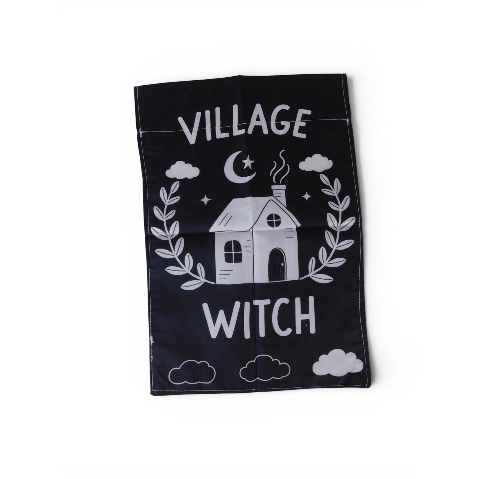 Village Witch Garden Flag 18x12 Black White House Clouds Halloween Yard Decor