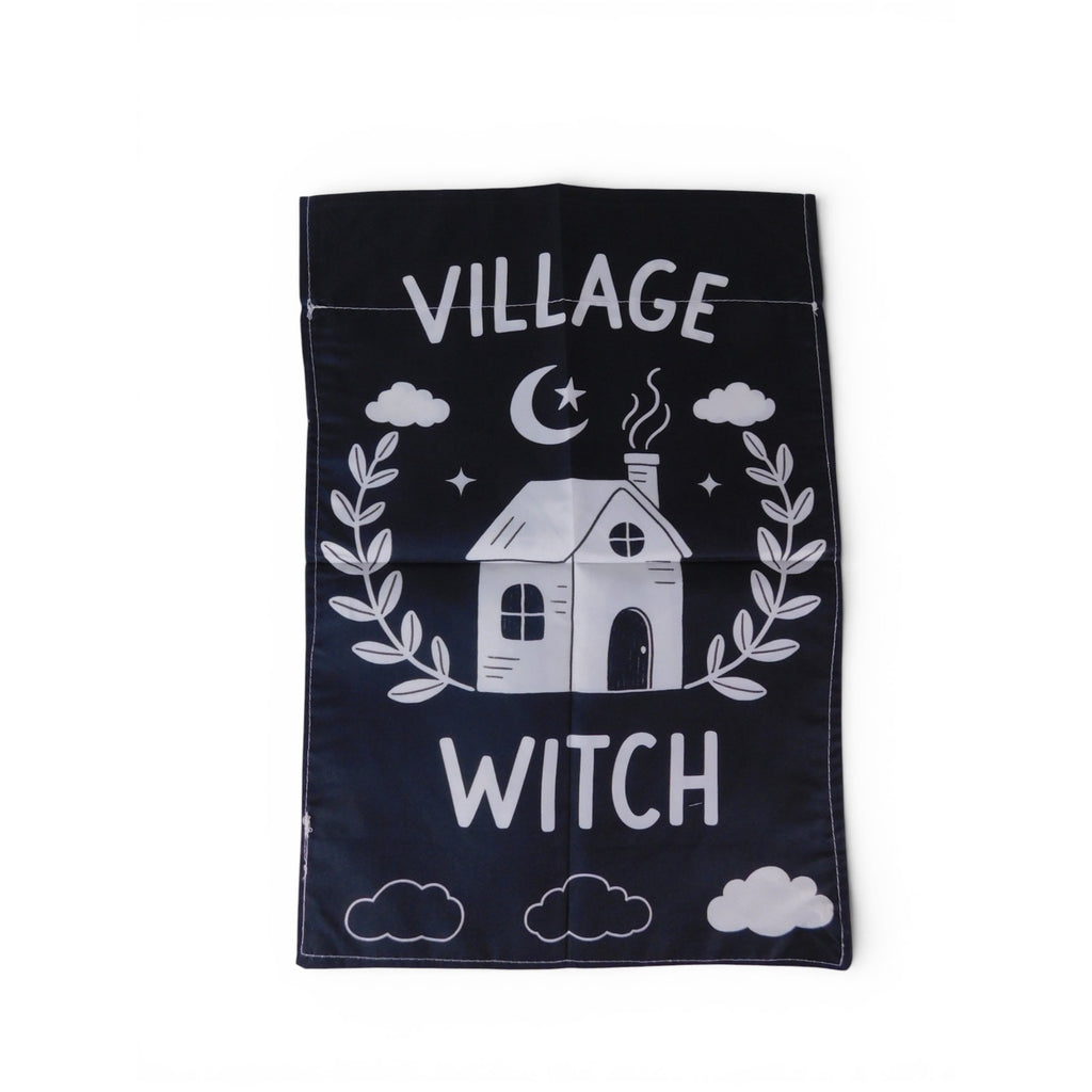 Village Witch Garden Flag 18x12 Black White House Clouds Halloween Yard Decor