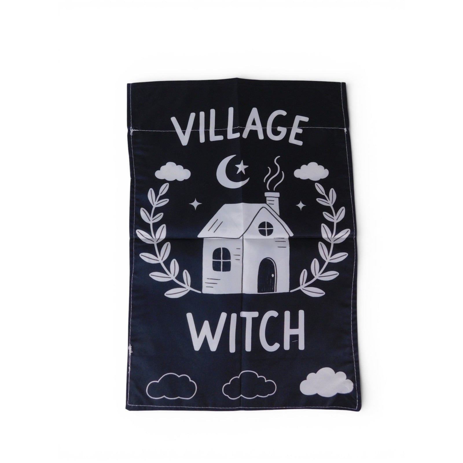 Village Witch Garden Flag 18x12 Black White House Clouds Halloween Yard Decor