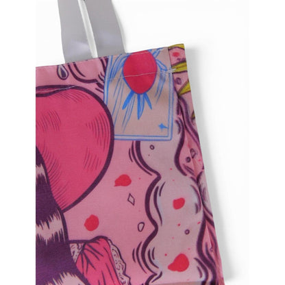 The Witch Illustrated Love Tote Bag With Pink & Red Design White Handles