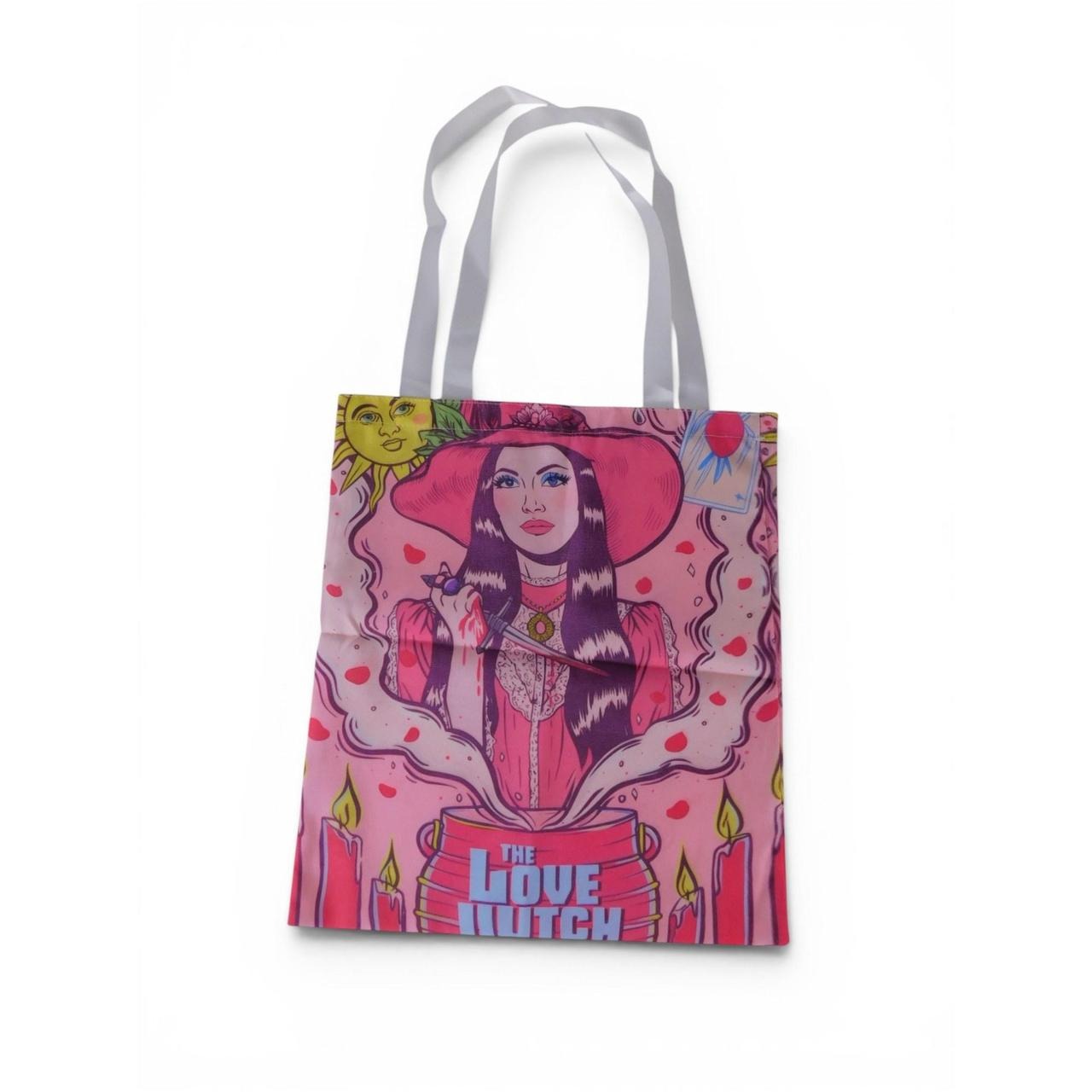 The Witch Illustrated Love Tote Bag With Pink & Red Design White Handles