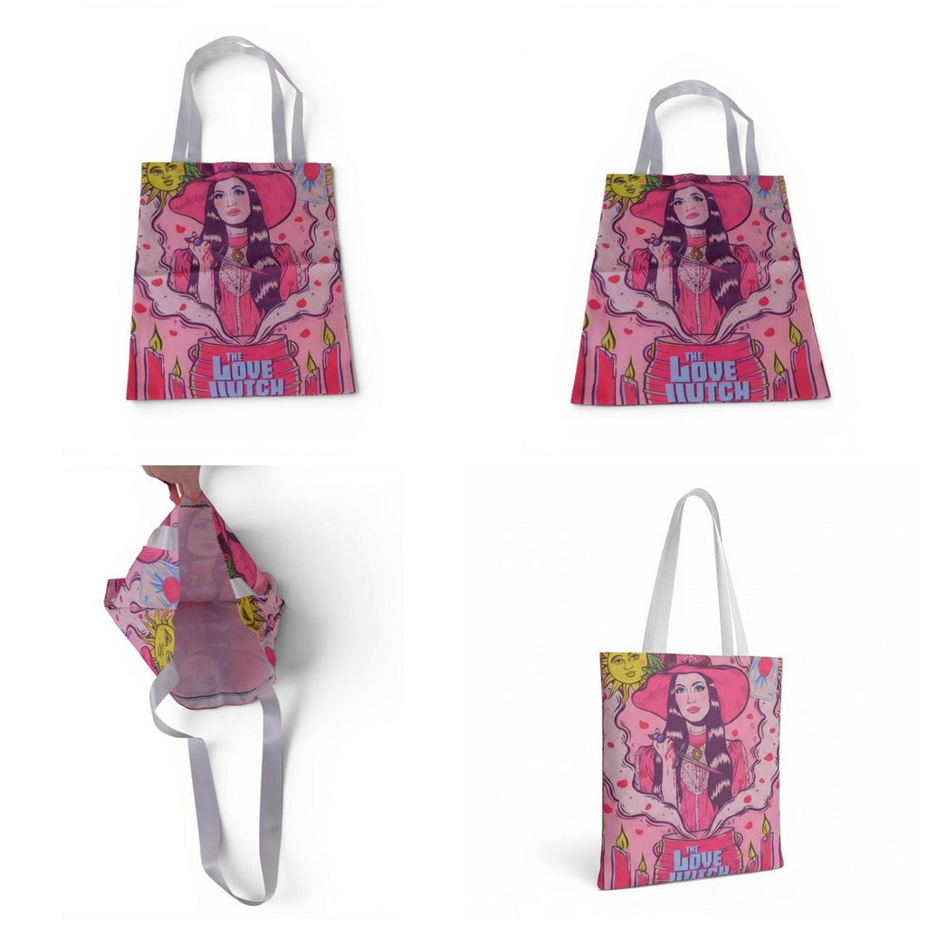 The Witch Illustrated Love Tote Bag With Pink & Red Design White Handles