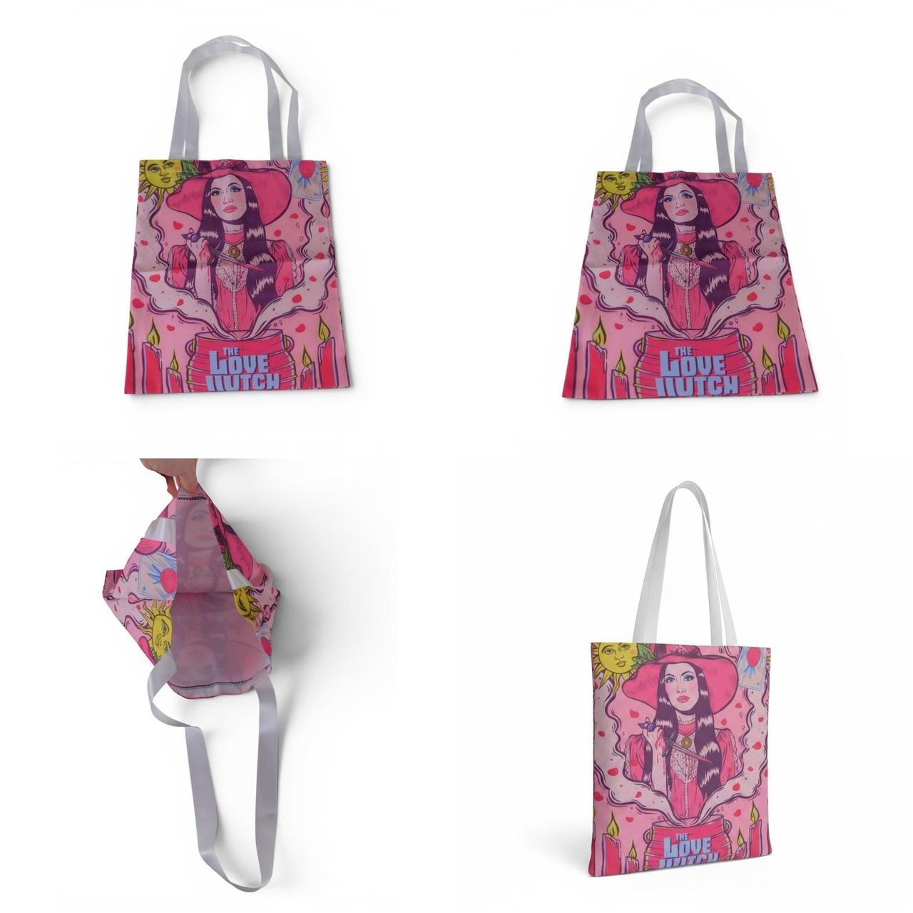 The Witch Illustrated Love Tote Bag With Pink & Red Design White Handles