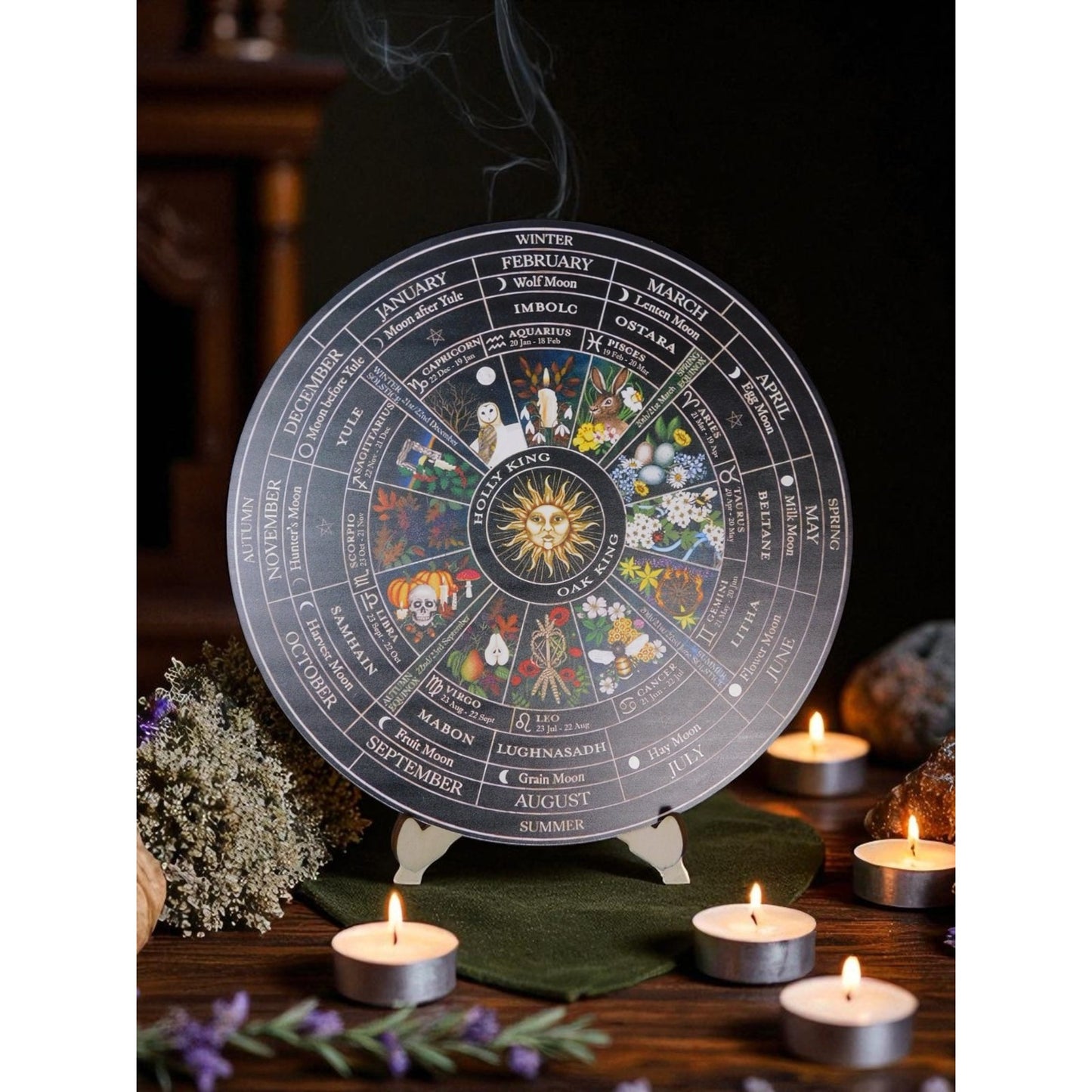 Witch's Wheel Of The Year 12" Wood Calendar - New - Witchcore Earth