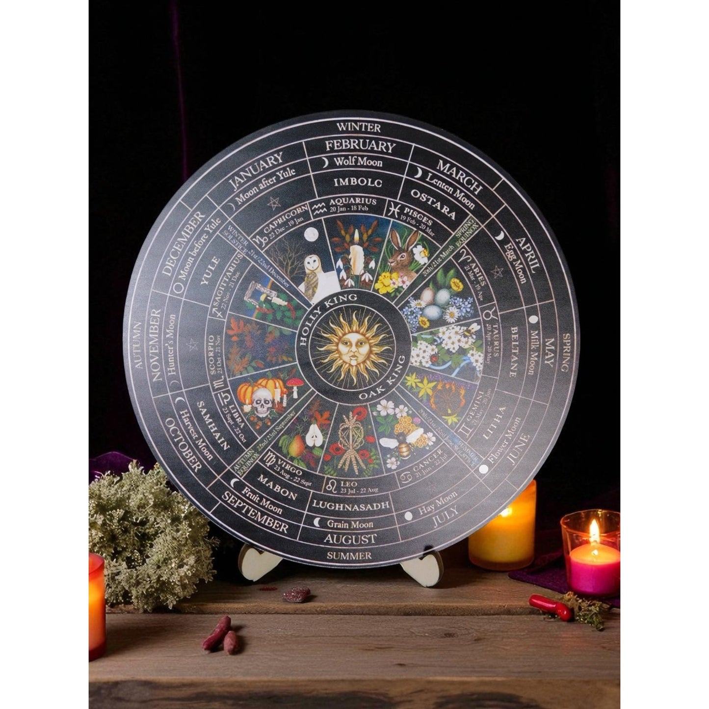 Witch's Wheel Of The Year 12" Wood Calendar - New - Witchcore Earth