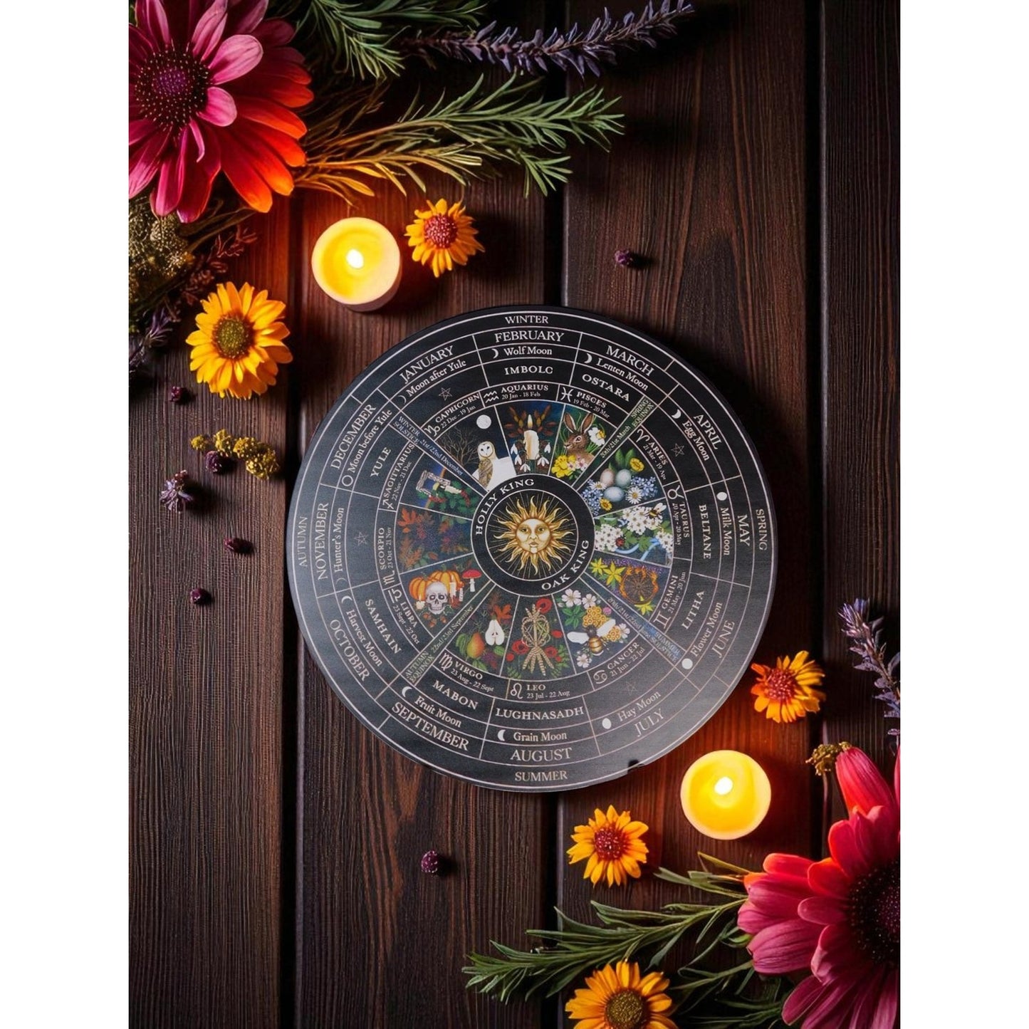 Witch's Wheel Of The Year 12" Wood Calendar - New - Witchcore Earth