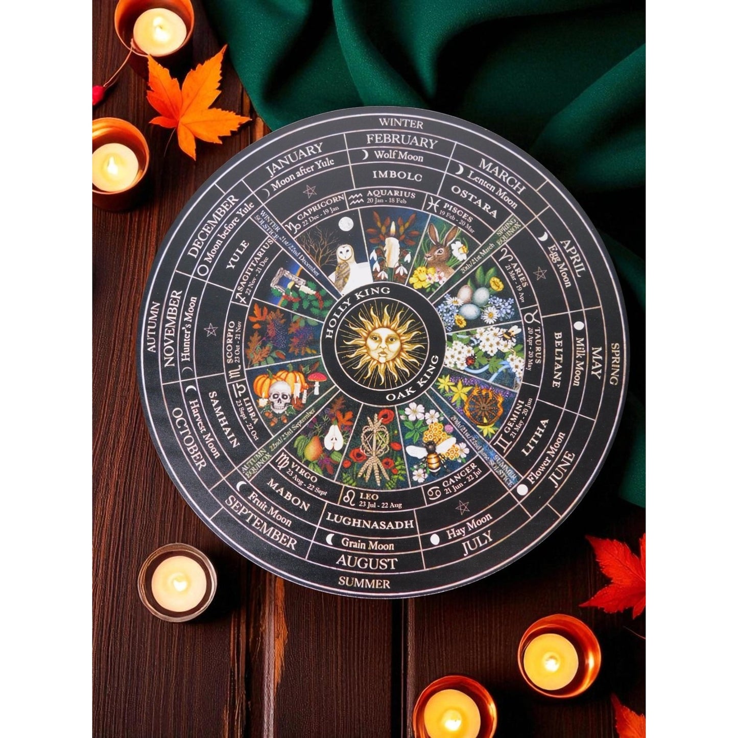 Witch's Wheel Of The Year 12" Wood Calendar - New - Witchcore Earth