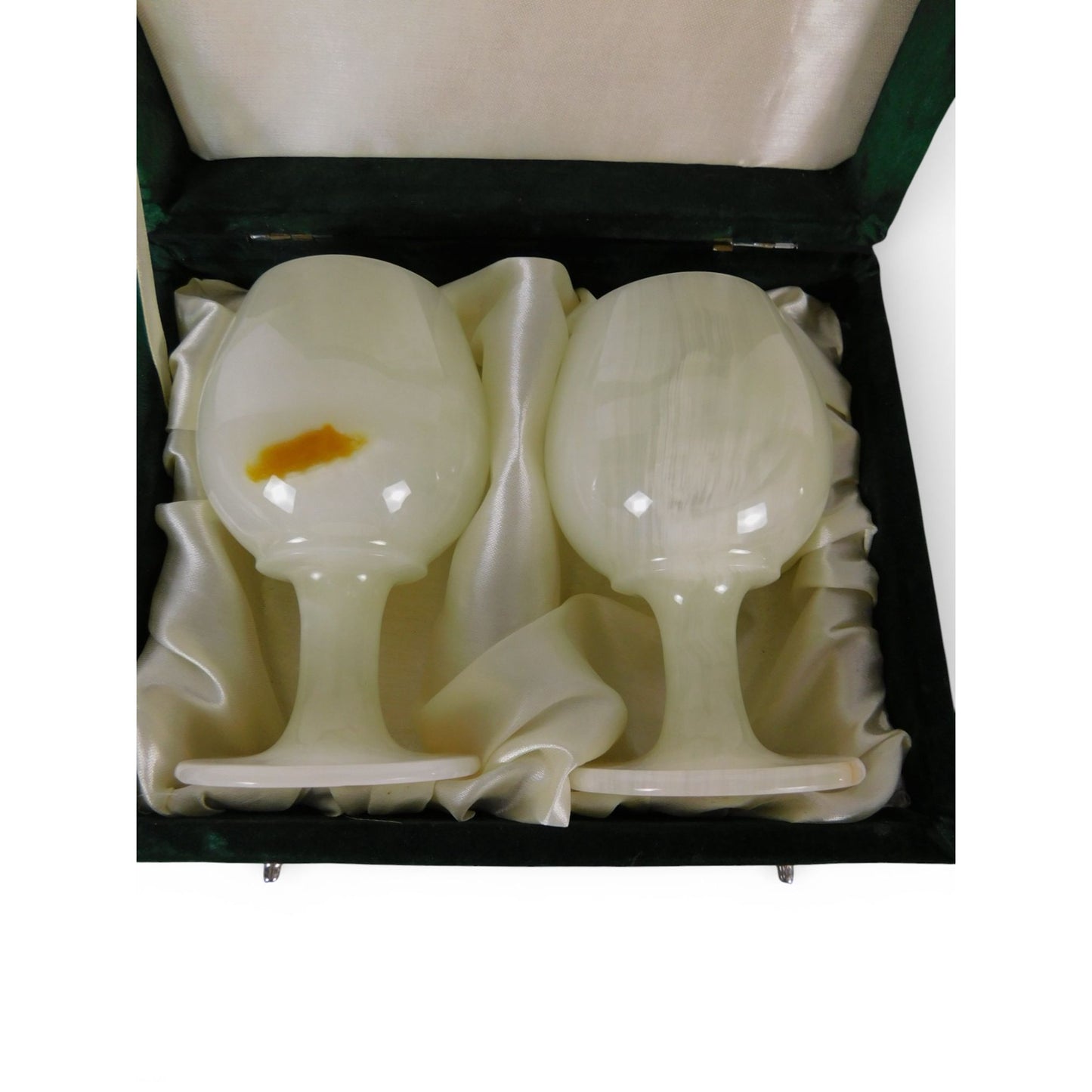 Vintage White Onyx Goblets Set of 2 w/ Green Velvet Box