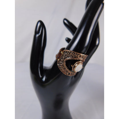 Vintage Copper Tone Filigree Stretch Ring Statement Oval White Stone Costume Jew