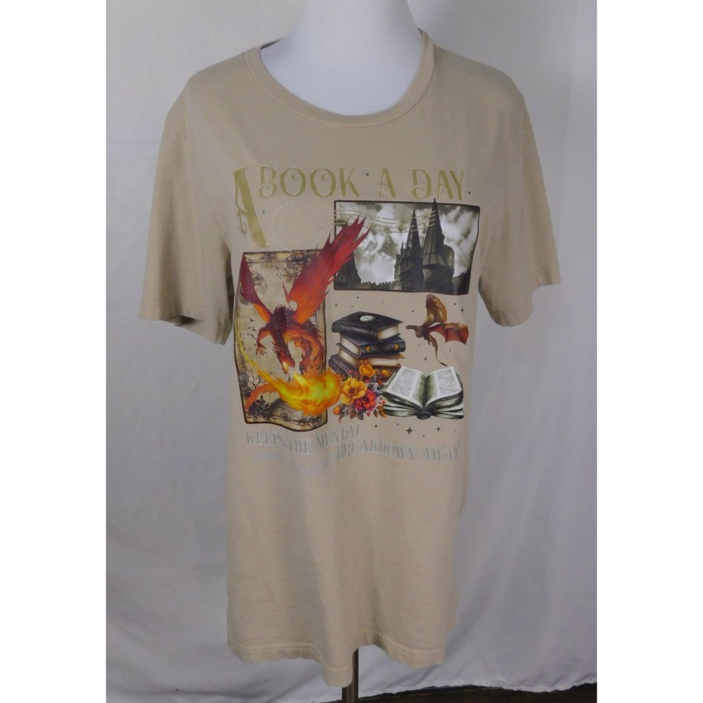 A Book A Day Tee Beige Fantasy Graphic T-Shirt Bella + Canvas L
