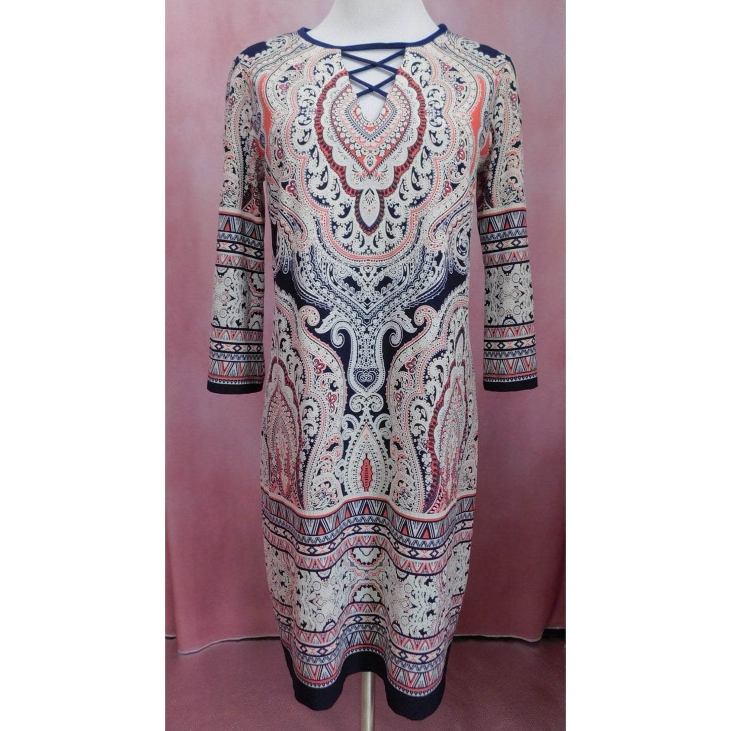 Roz & Ali Women's Paisley Print Dress Size 4 Boho Textured 3/4 Sleeve