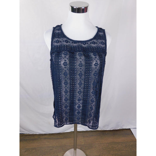 Ann Taylor LOFT Navy Lace Tank M - Crochet Overlay Keyhole - Excellent