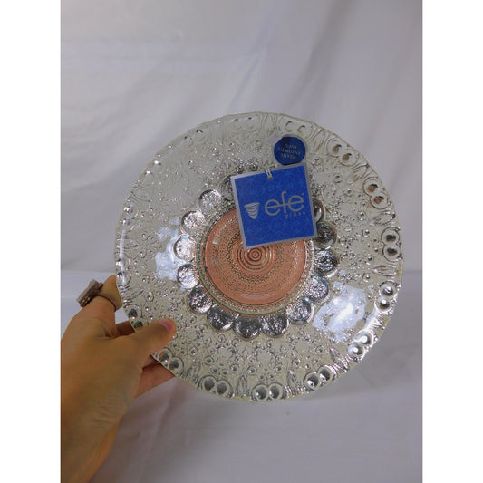 Efe Glass Decorative Bowl Handcrafted Silver Accents Pink Center 9" Made Turkey