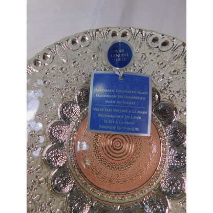 Efe Glass Decorative Bowl Handcrafted Silver Accents Pink Center 9" Made Turkey