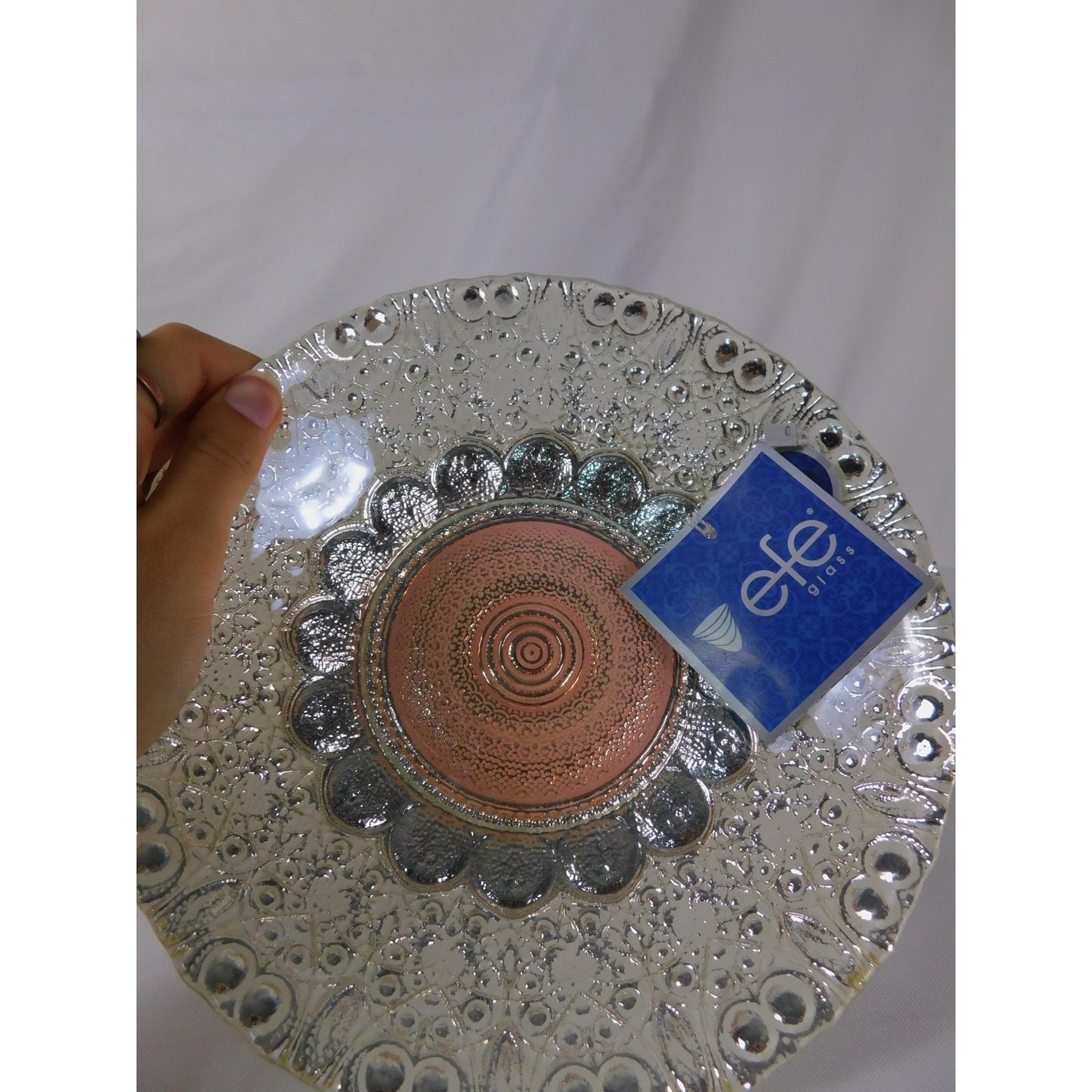 Efe Glass Decorative Bowl Handcrafted Silver Accents Pink Center 9" Made Turkey