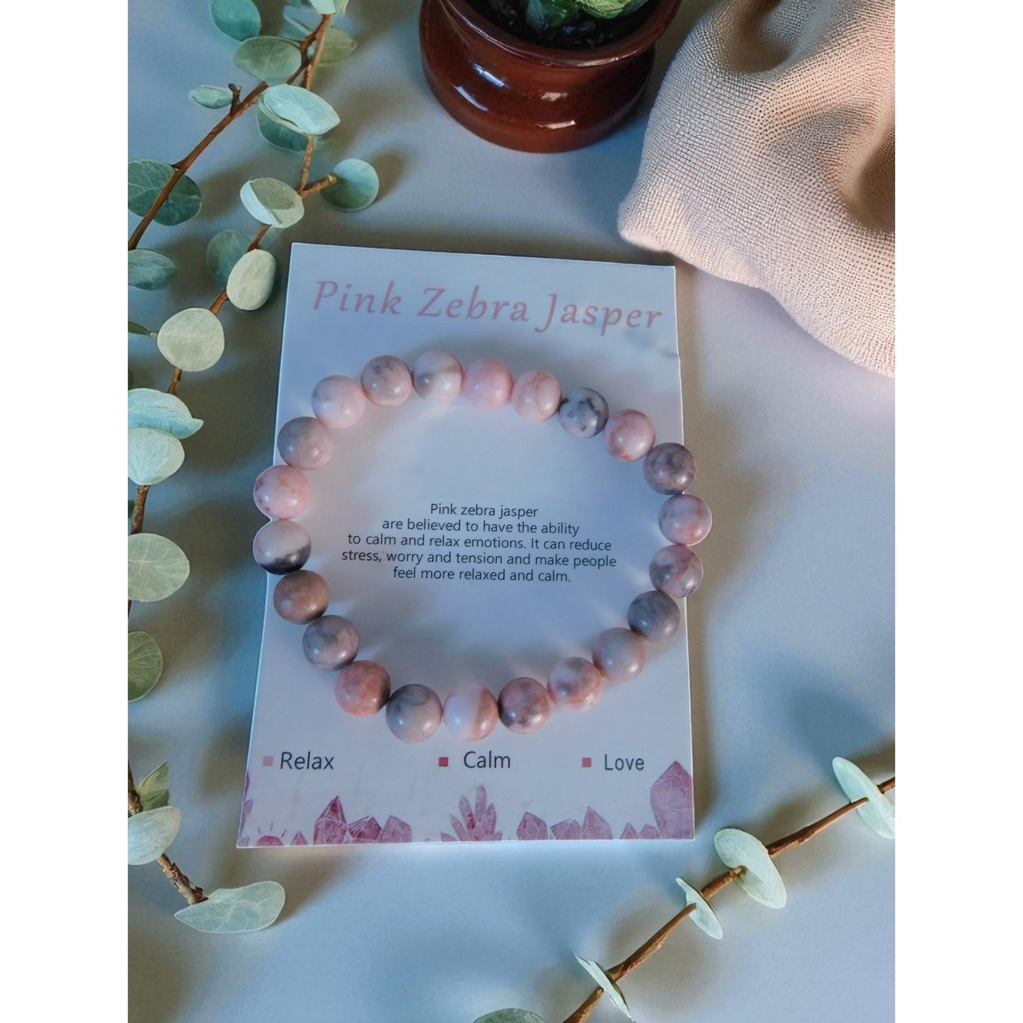 Pink Zebra Jasper Bracelet Natural Stone Beads Stretch Healing Jewelry Calming L